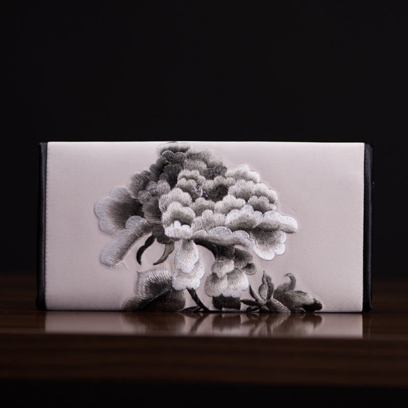 Lange Handtasche mit Pfingstrosenblumen-Stickerei, 20 x 10 cm