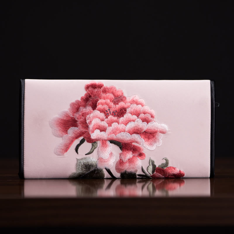 Lange Handtasche mit Pfingstrosenblumen-Stickerei, 20 x 10 cm