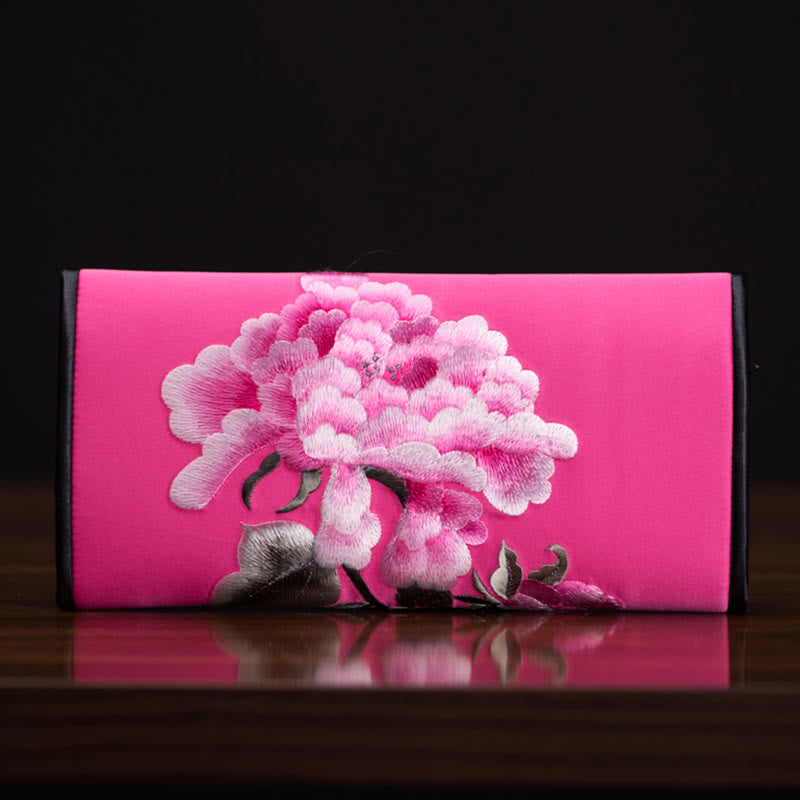 Lange Handtasche mit Pfingstrosenblumen-Stickerei, 20 x 10 cm