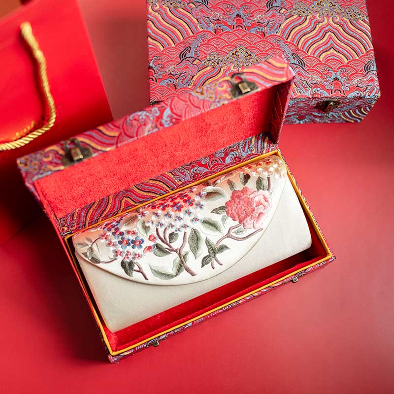 Umhängetasche mit Pfingstrosen-Tulpen-Stickerei für Hochzeiten, 24 cm