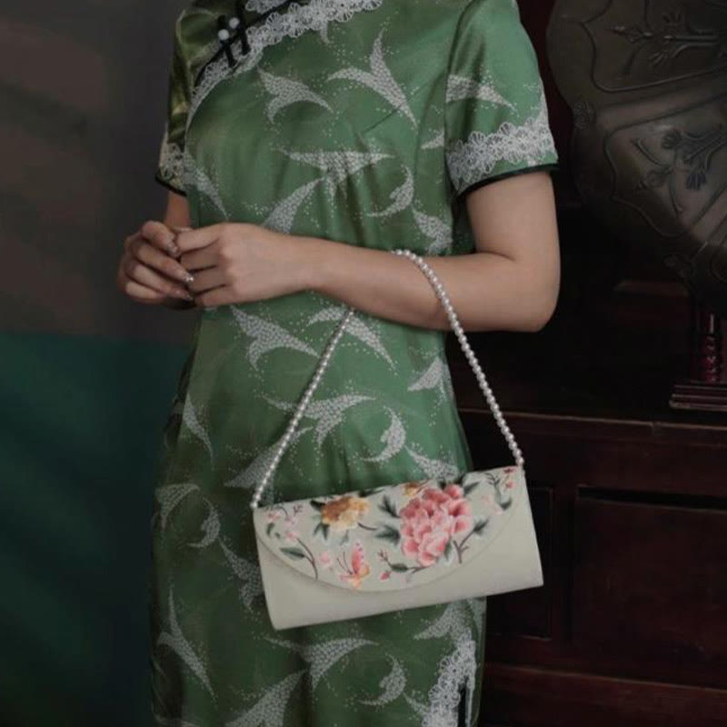 Umhängetasche mit Pfingstrosen-Tulpen-Stickerei für Hochzeiten, 24 cm