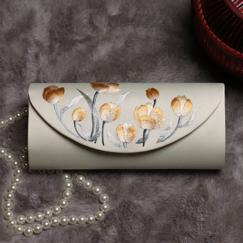 Umhängetasche mit Pfingstrosen-Tulpen-Stickerei für Hochzeiten, 24 cm