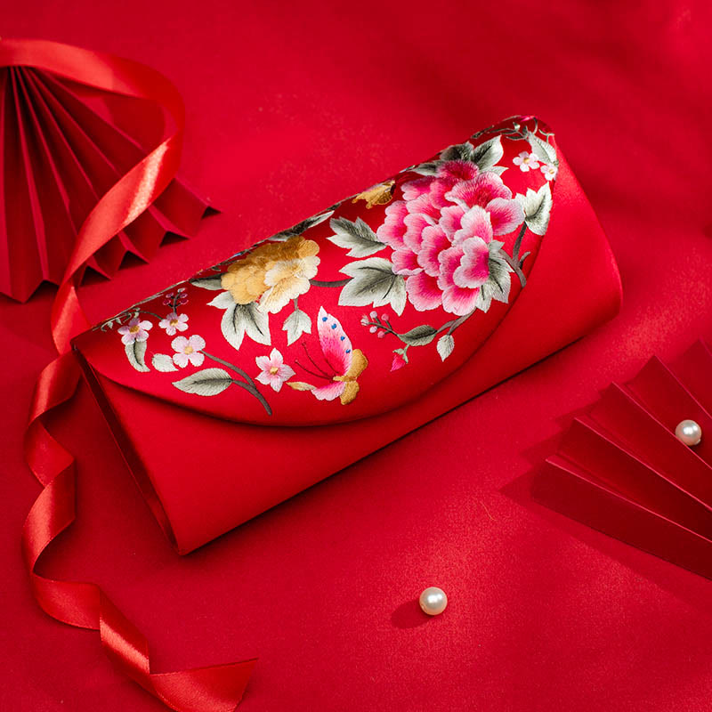 Umhängetasche mit Pfingstrosen-Tulpen-Stickerei für Hochzeiten, 24 cm