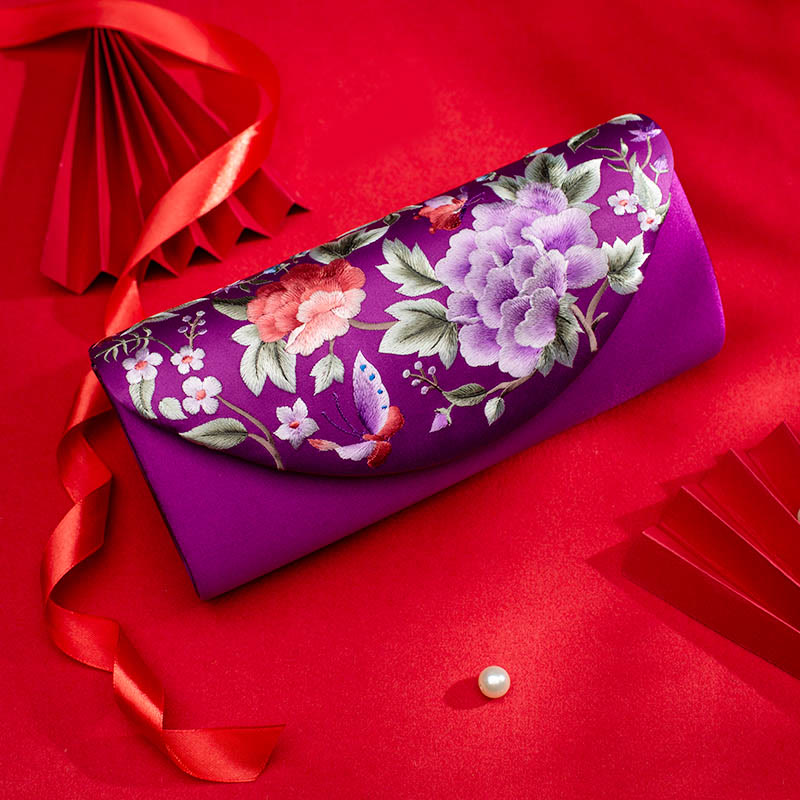 Umhängetasche mit Pfingstrosen-Tulpen-Stickerei für Hochzeiten, 24 cm