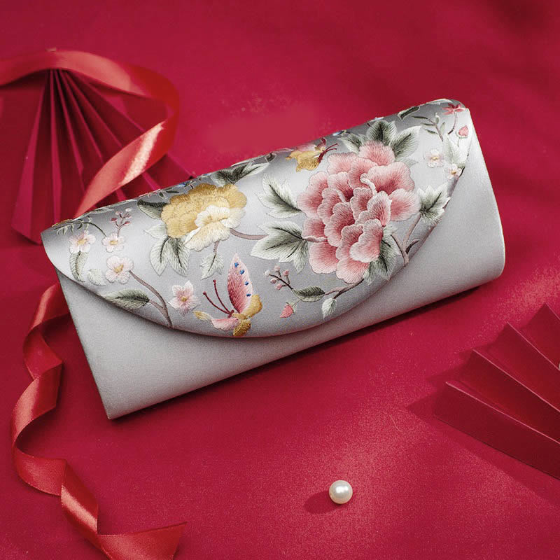 Umhängetasche mit Pfingstrosen-Tulpen-Stickerei für Hochzeiten, 24 cm