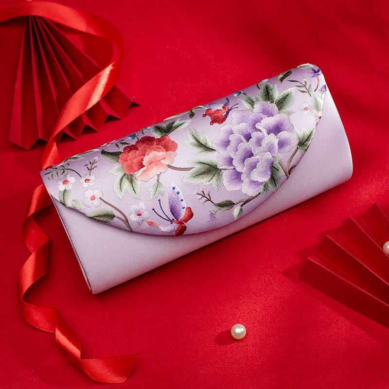 Umhängetasche mit Pfingstrosen-Tulpen-Stickerei für Hochzeiten, 24 cm