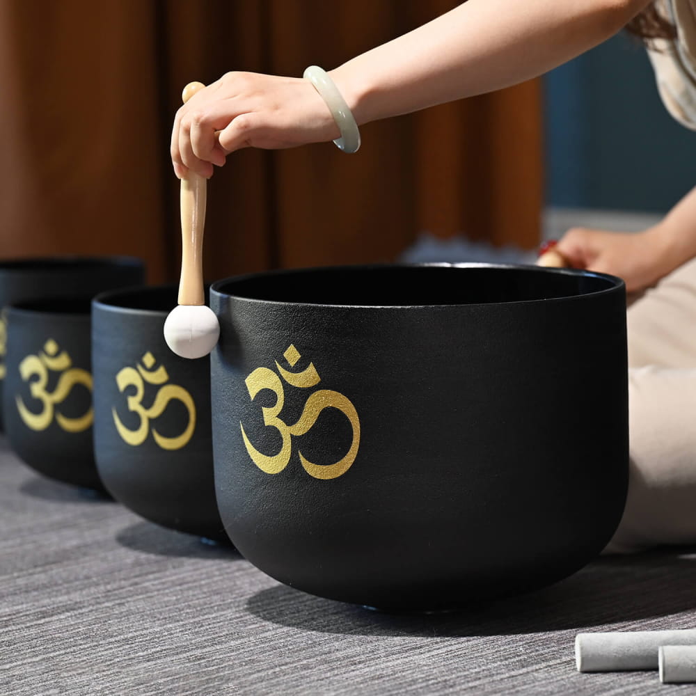 Perfect Pitch Black OM Symbol 7 PCS Crystal Singing Bowl Set s - On sale