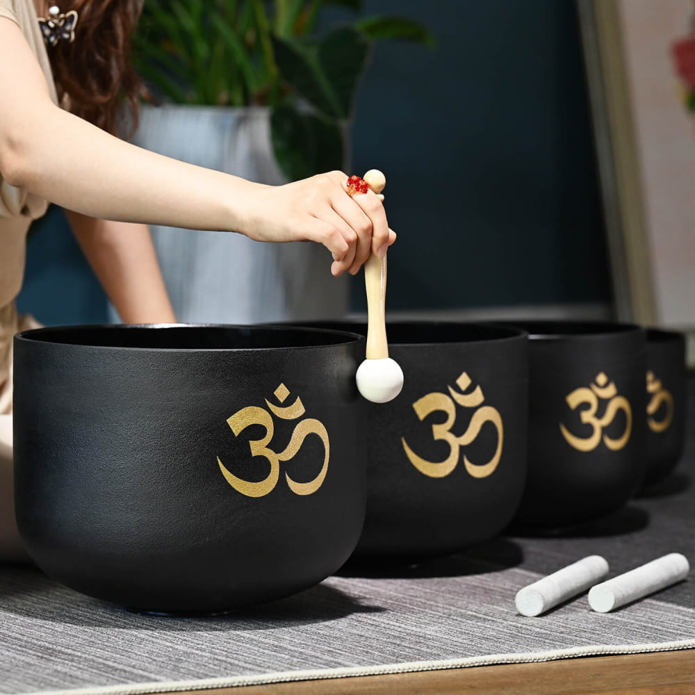 Perfect Pitch Black OM Symbol 7 PCS Crystal Singing Bowl Set s - On sale