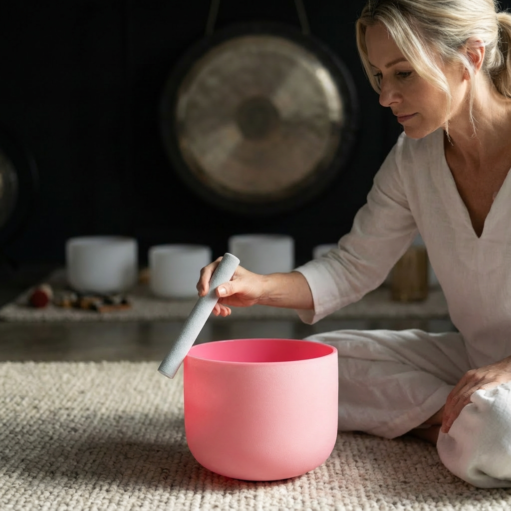 Rosa Chakra-Kristallklangschale für Meditationsübungen