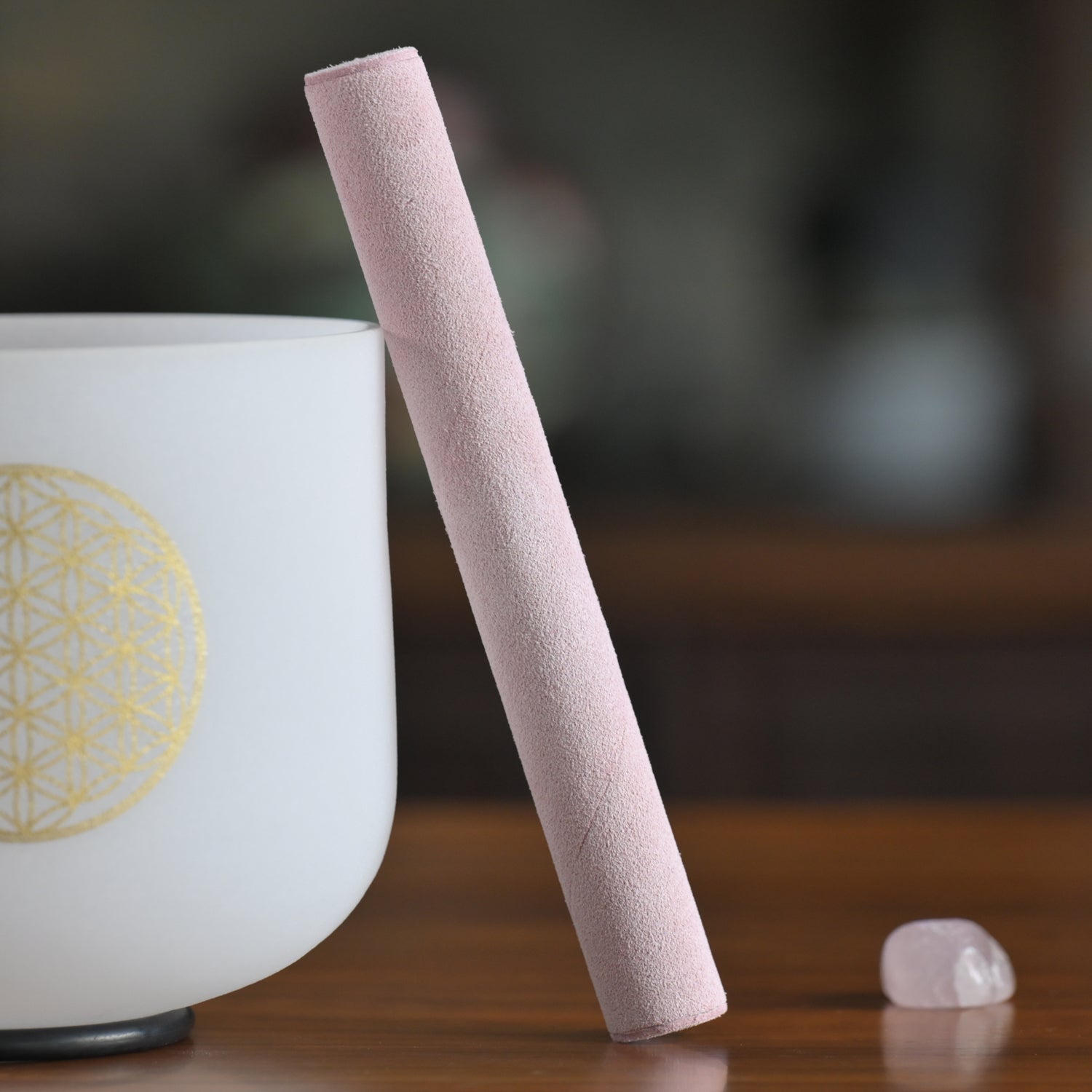 Pink Suede Mallet for Crystal Singing Bowl with textured pink chalk-like cylindrical stick