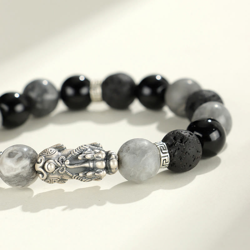 Pixiu Armband aus schwarzem Onyx und grauem Jaspis aus Lavastein