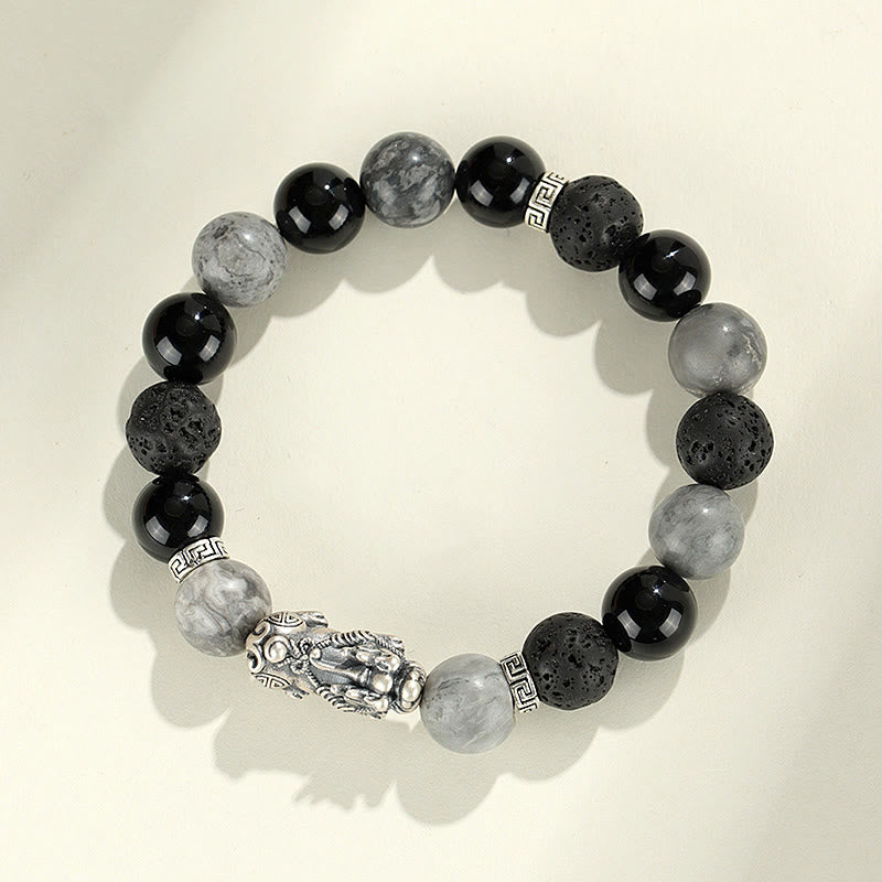 Pixiu Armband aus schwarzem Onyx und grauem Jaspis aus Lavastein
