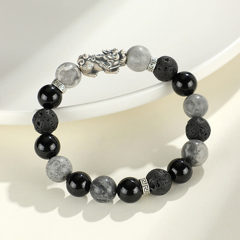 Pixiu Armband aus schwarzem Onyx und grauem Jaspis aus Lavastein