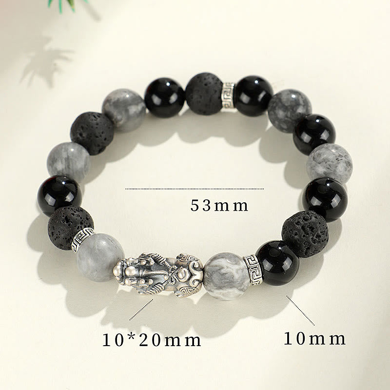 Pixiu Armband aus schwarzem Onyx und grauem Jaspis aus Lavastein