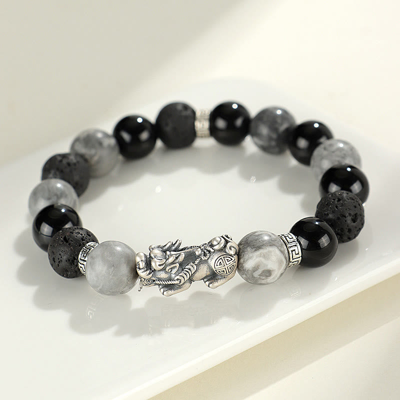Pixiu Armband aus schwarzem Onyx und grauem Jaspis aus Lavastein