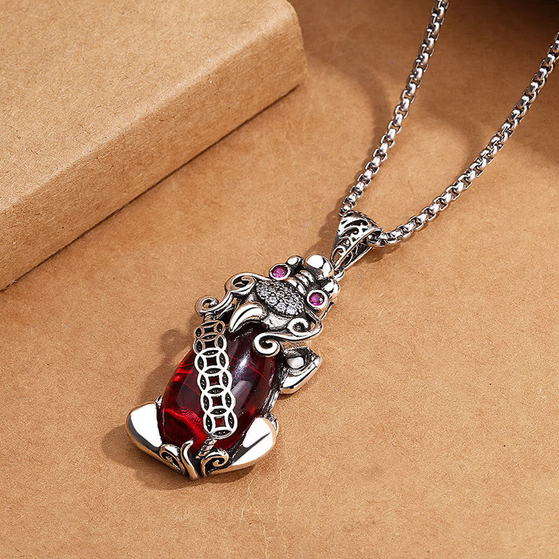 Pixiu-Granat-Kupfermünzen-Halskette für Reichtum und Glück