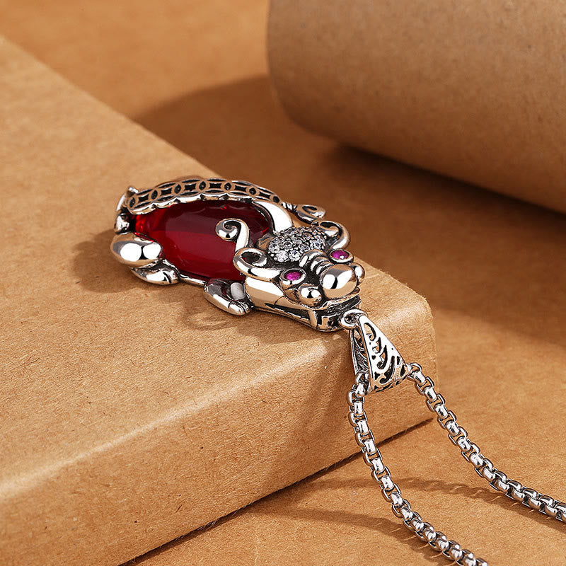 Pixiu-Granat-Kupfermünzen-Halskette für Reichtum und Glück