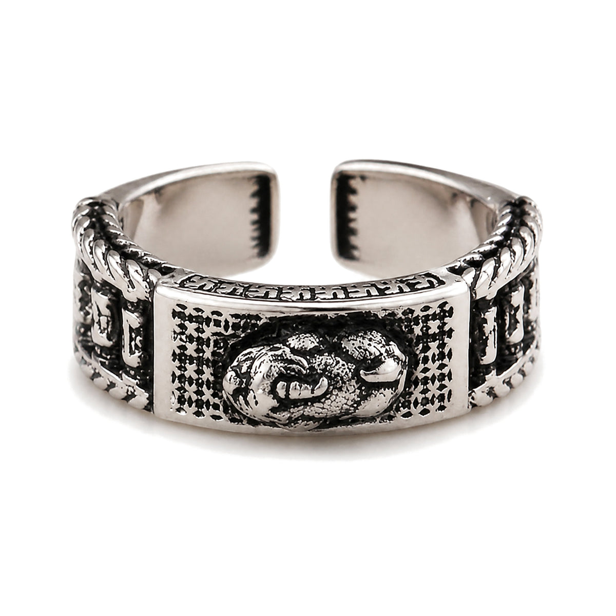 Unisex Pixiu Wealth Prayer Wheel Ring, Men / Silver, on a white background