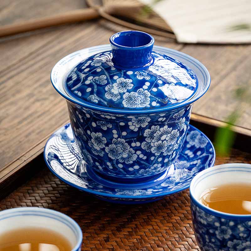 Pflaumenblüte, blau-weiß, Porzellan, Keramik, Gaiwan, 185 ml, Teetasse