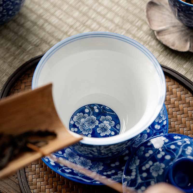 Pflaumenblüte, blau-weiß, Porzellan, Keramik, Gaiwan, 185 ml, Teetasse