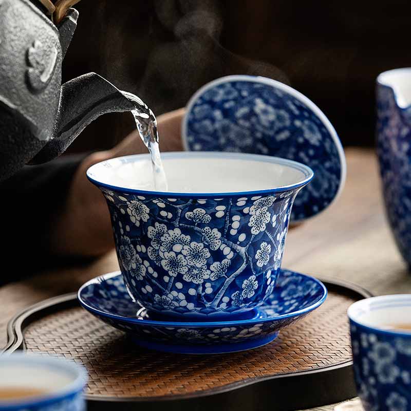 Pflaumenblüte, blau-weiß, Porzellan, Keramik, Gaiwan, 185 ml, Teetasse