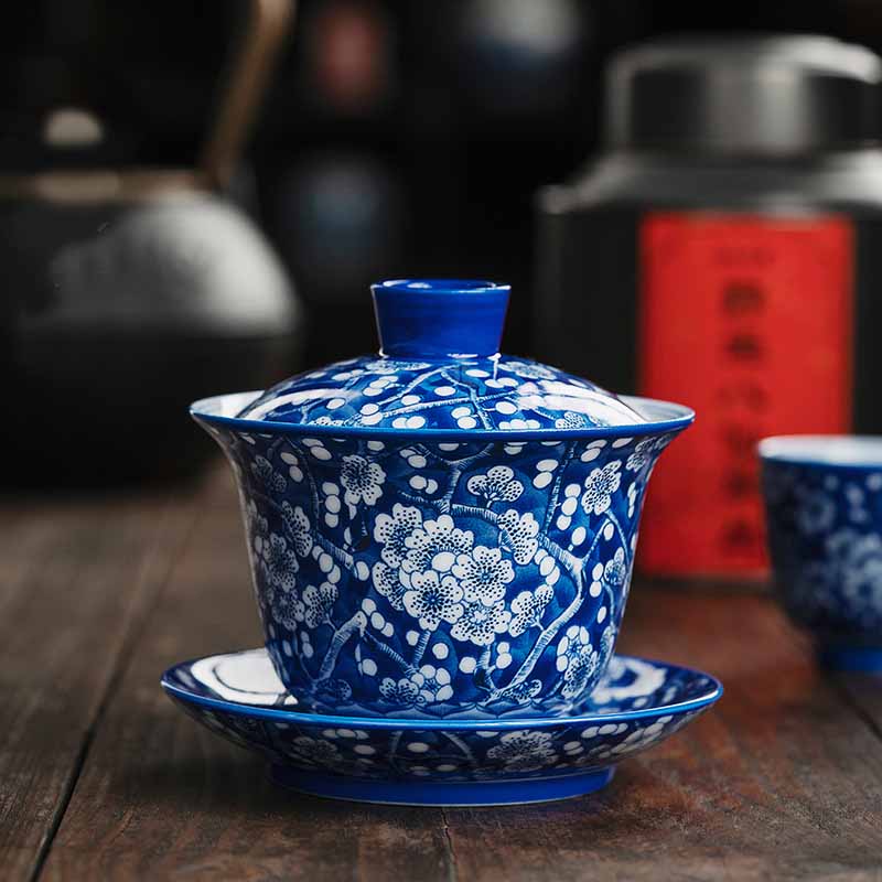 Pflaumenblüte, blau-weiß, Porzellan, Keramik, Gaiwan, 185 ml, Teetasse