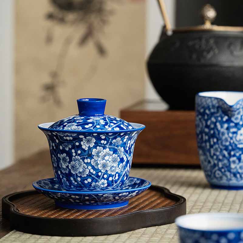 Pflaumenblüte, blau-weiß, Porzellan, Keramik, Gaiwan, 185 ml, Teetasse