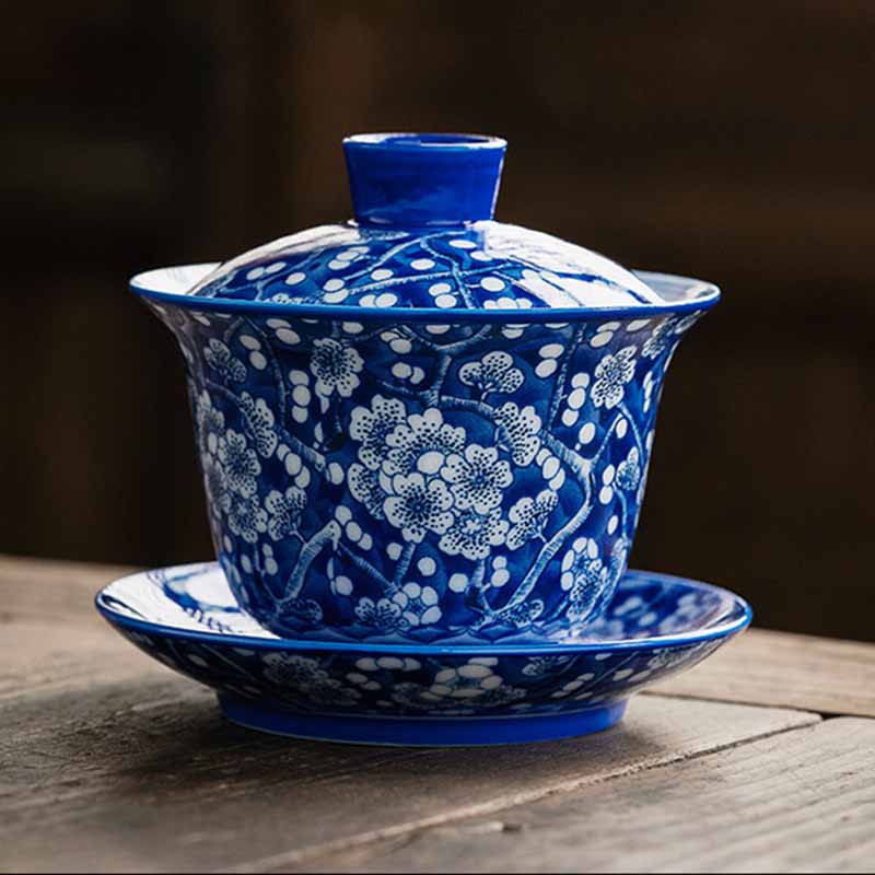 Pflaumenblüte, blau-weiß, Porzellan, Keramik, Gaiwan, 185 ml, Teetasse