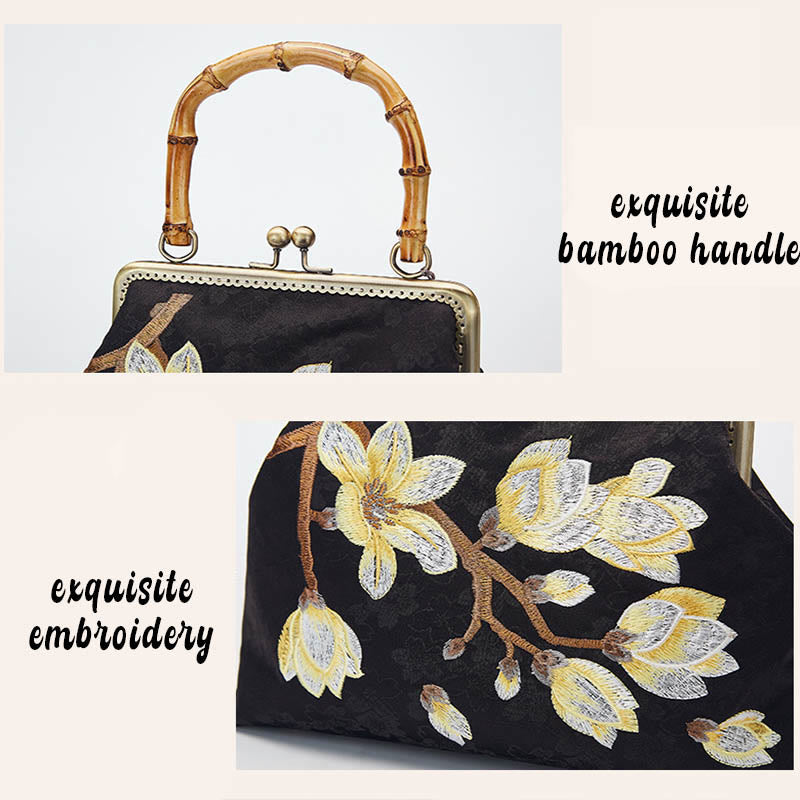 Handtasche mit Pflaumenblüten-Stickerei und Bambusgriff | Elegante Umhängetasche