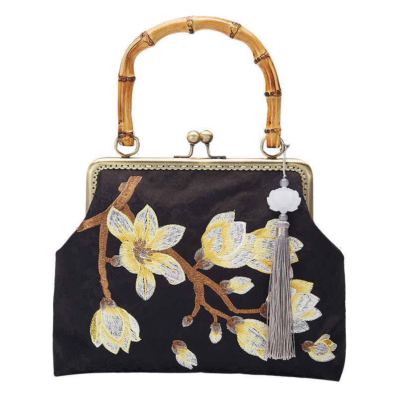 Handtasche mit Pflaumenblüten-Stickerei und Bambusgriff | Elegante Umhängetasche