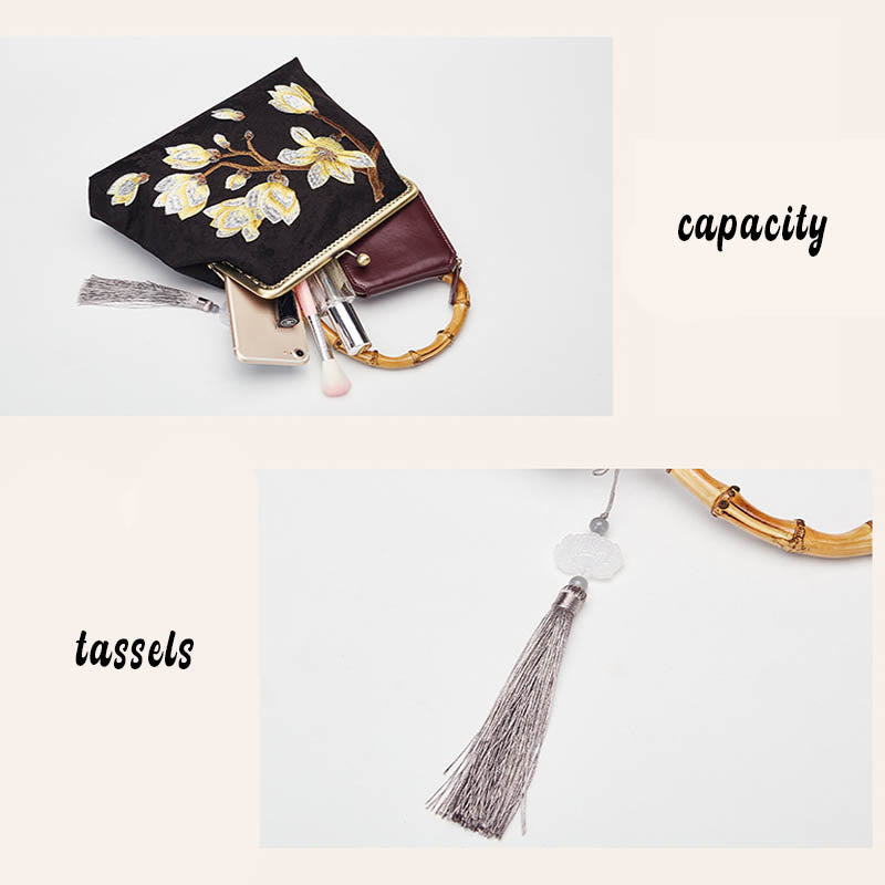 Handtasche mit Pflaumenblüten-Stickerei und Bambusgriff | Elegante Umhängetasche