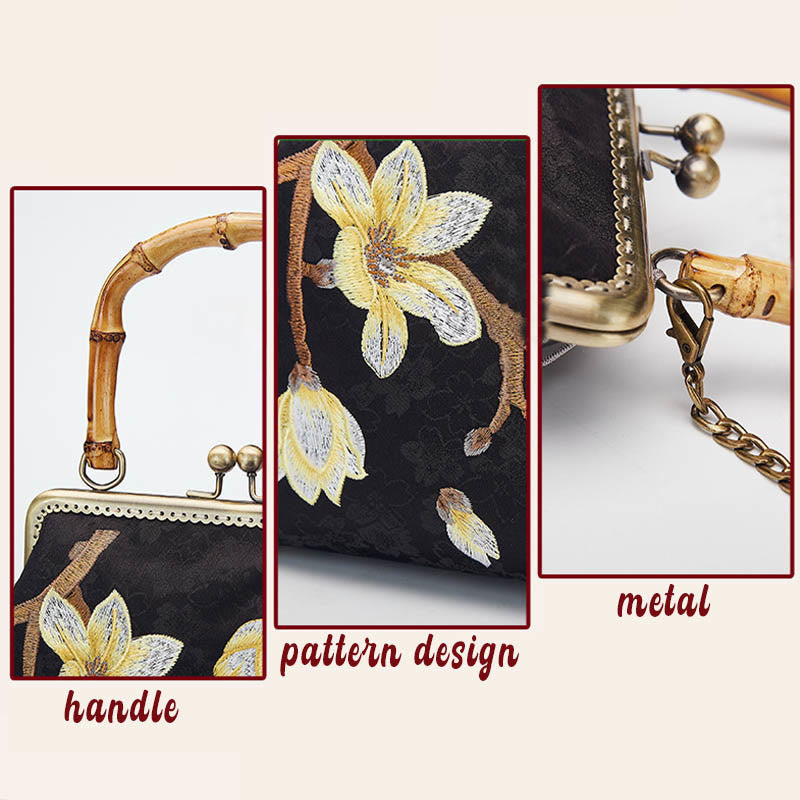 Handtasche mit Pflaumenblüten-Stickerei und Bambusgriff | Elegante Umhängetasche