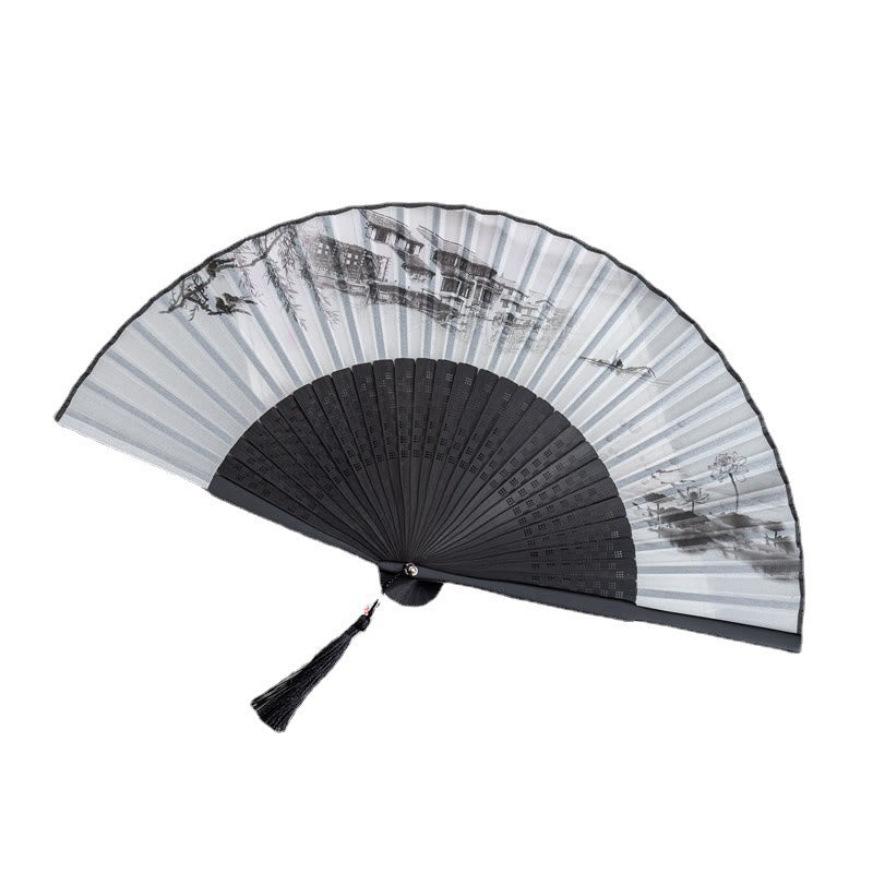Faltfächer aus Bambusseide mit Pflaumenblütenmotiv, 22,5 cm, elegant, für den Handgebrauch