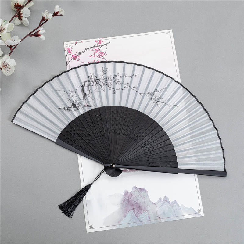 Faltfächer aus Bambusseide mit Pflaumenblütenmotiv, 22,5 cm, elegant, für den Handgebrauch