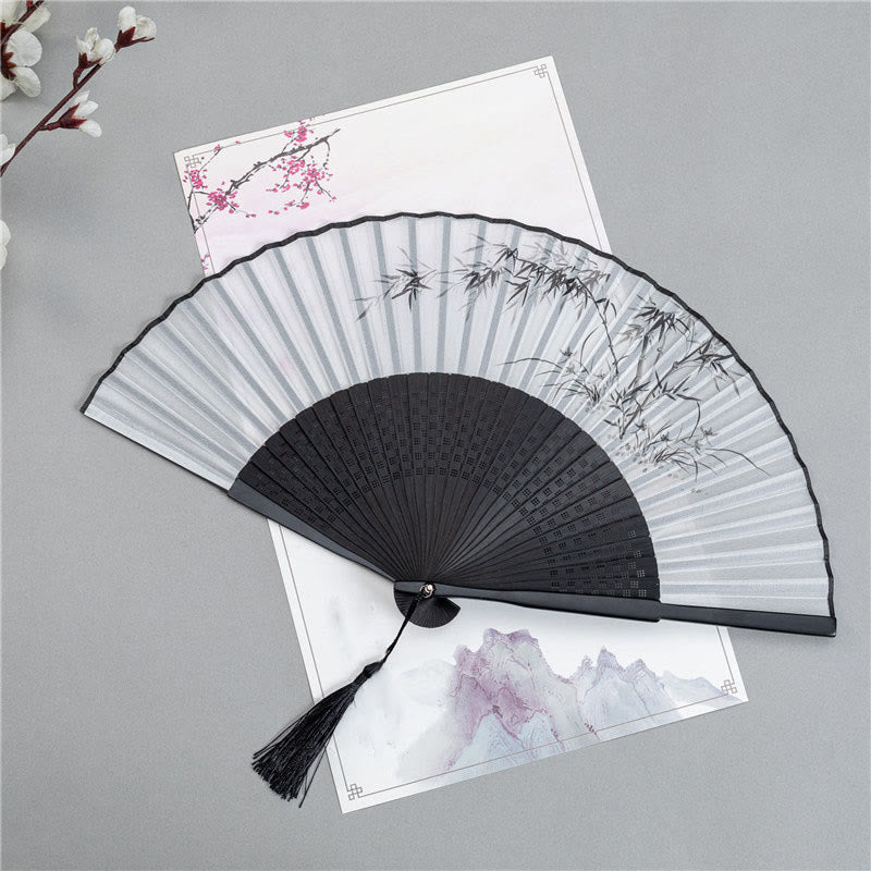 Faltfächer aus Bambusseide mit Pflaumenblütenmotiv, 22,5 cm, elegant, für den Handgebrauch