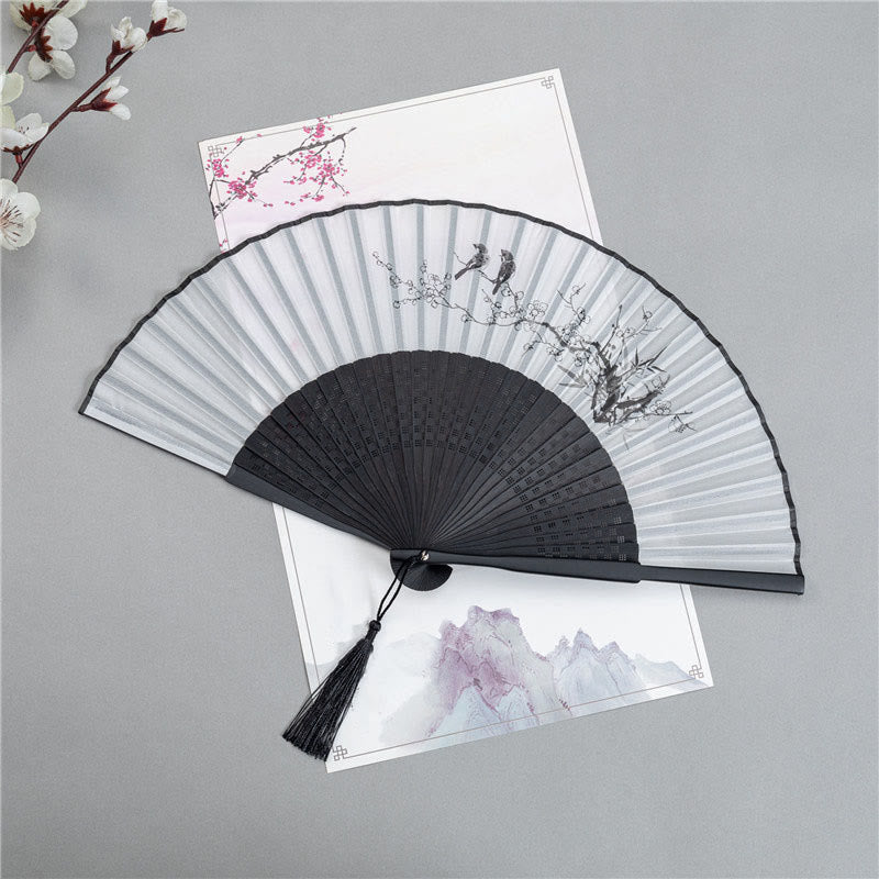 Faltfächer aus Bambusseide mit Pflaumenblütenmotiv, 22,5 cm, elegant, für den Handgebrauch