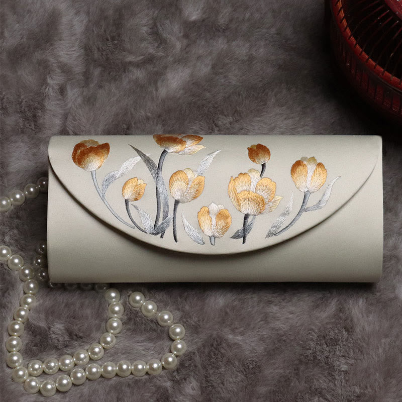 Pflaumenblüten-Tulpen-bestickte Handtasche | Spiritueller Schmuck