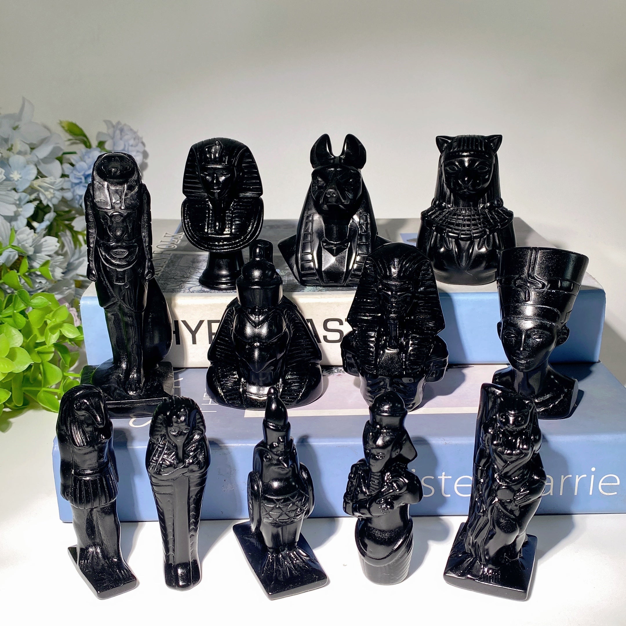 Polished Black Obsidian Egyptian Carvings Figurines 3-4.7 inch