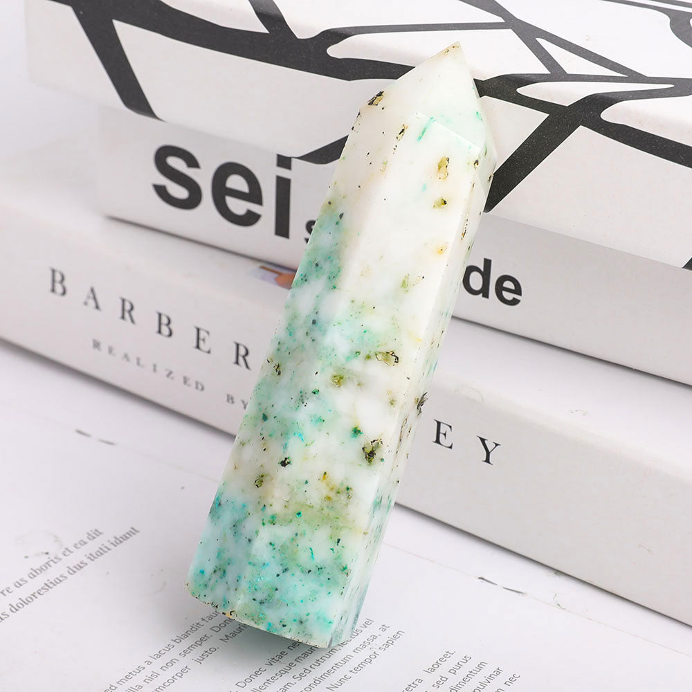 Polished Green White Crystal Tower 16cm Healing Obelisk