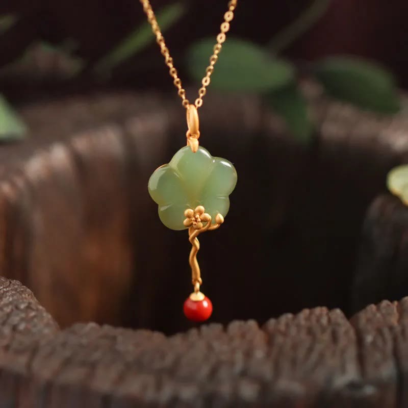 Wohlstands-Jadekette mit rotem Achat | Vintage Pflaumenblüte