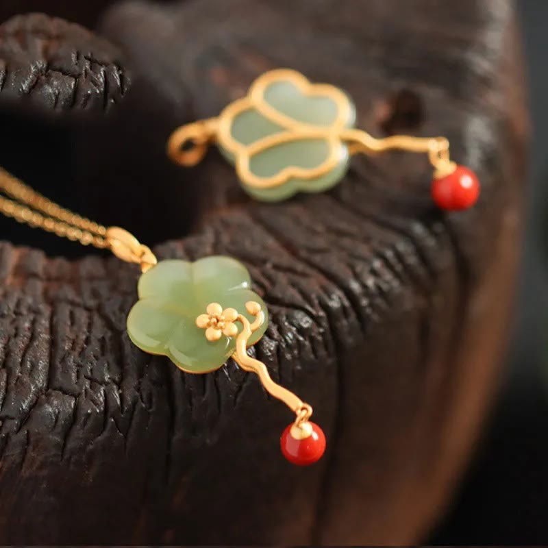 Wohlstands-Jadekette mit rotem Achat | Vintage Pflaumenblüte