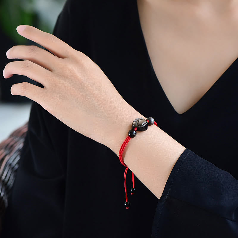 Schutz-Obsidian-Armband | Silber- und Goldglanz-Katzenpfotenseil