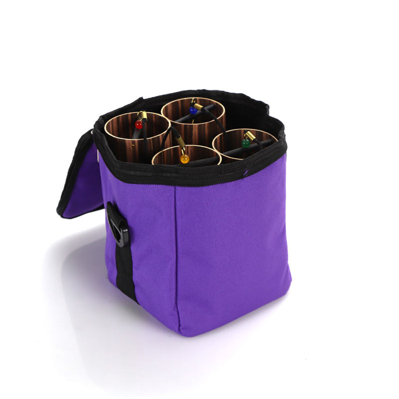 Purple insulated bag with compartments for multiple Crystal Singing Bowls and Koshi Chimes