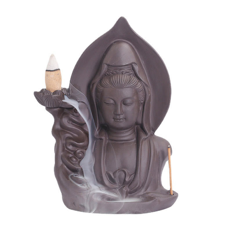 Rückfluss-Räuchergefäß aus violettem Ton mit Buddha-Motiv, Lotus-Design