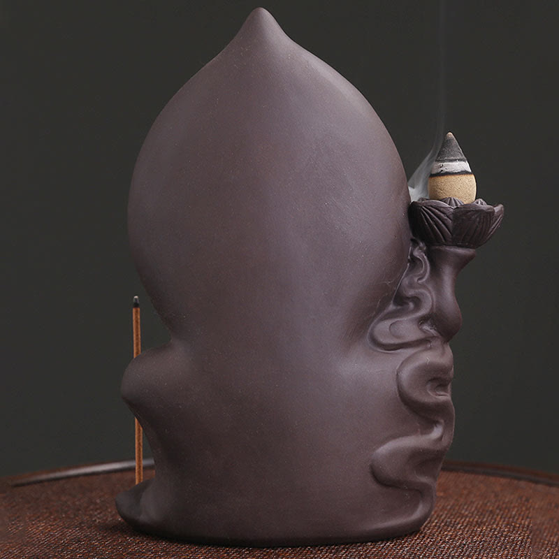 Rückfluss-Räuchergefäß aus violettem Ton mit Buddha-Motiv, Lotus-Design