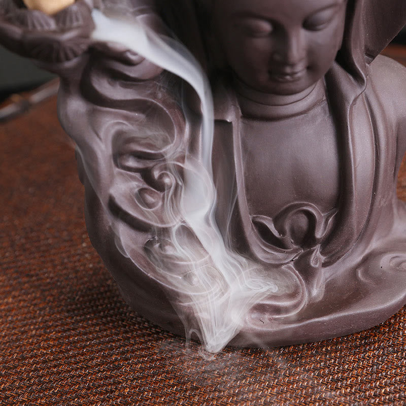 Rückfluss-Räuchergefäß aus violettem Ton mit Buddha-Motiv, Lotus-Design