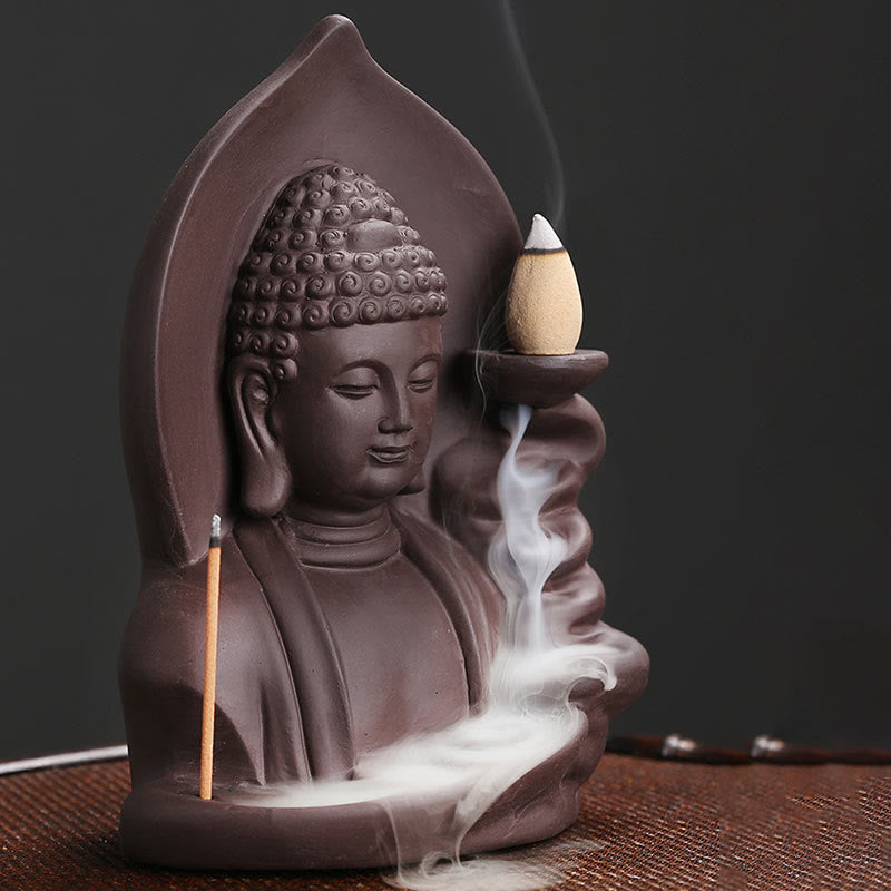Rückfluss-Räuchergefäß aus violettem Ton mit Buddha-Motiv, Lotus-Design