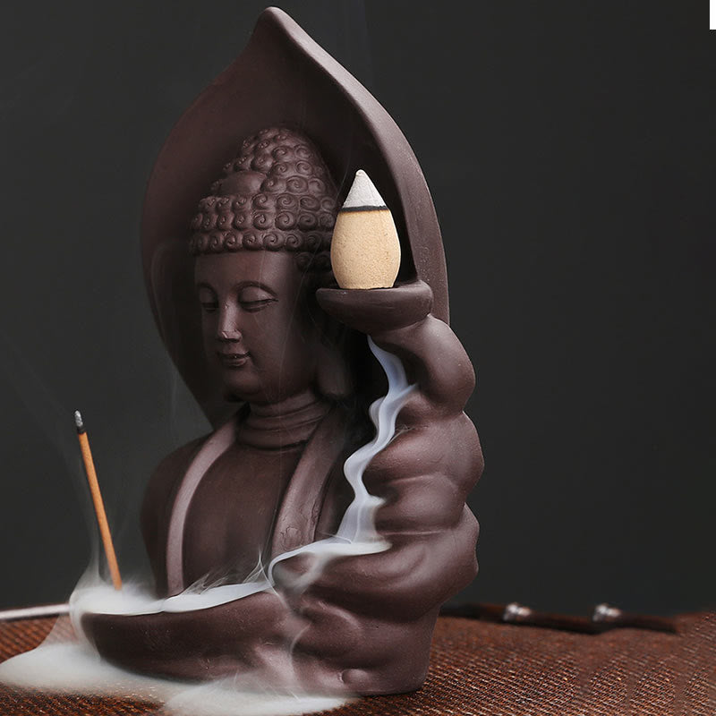 Rückfluss-Räuchergefäß aus violettem Ton mit Buddha-Motiv, Lotus-Design