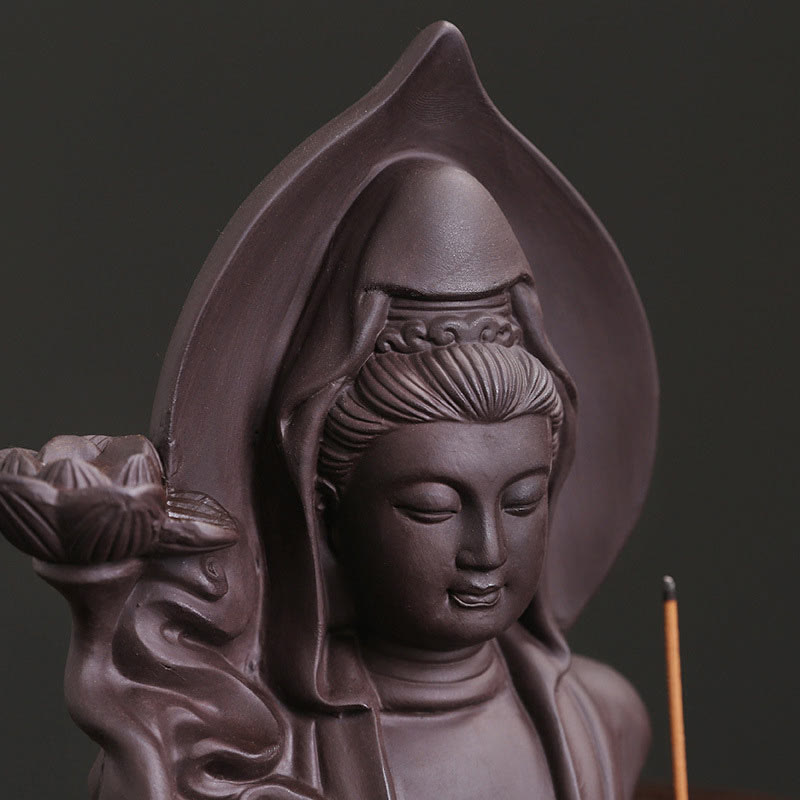 Rückfluss-Räuchergefäß aus violettem Ton mit Buddha-Motiv, Lotus-Design