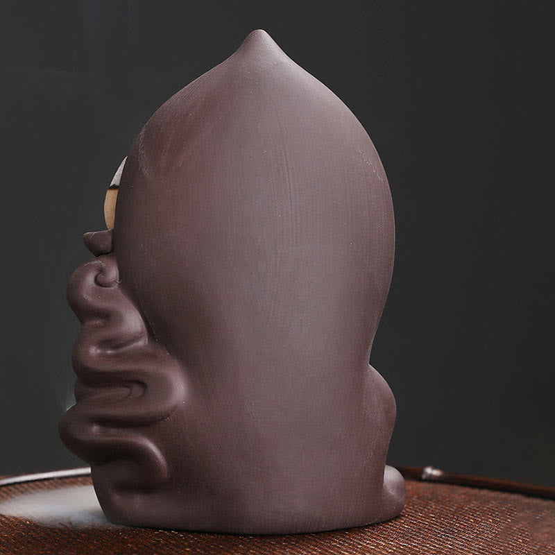 Rückfluss-Räuchergefäß aus violettem Ton mit Buddha-Motiv, Lotus-Design